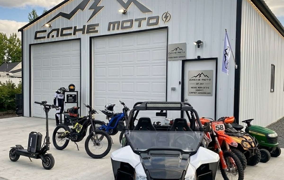 The Cache Moto shop in Nibley, with machines parked out front